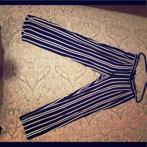 Navy and white striped pants with draw string
